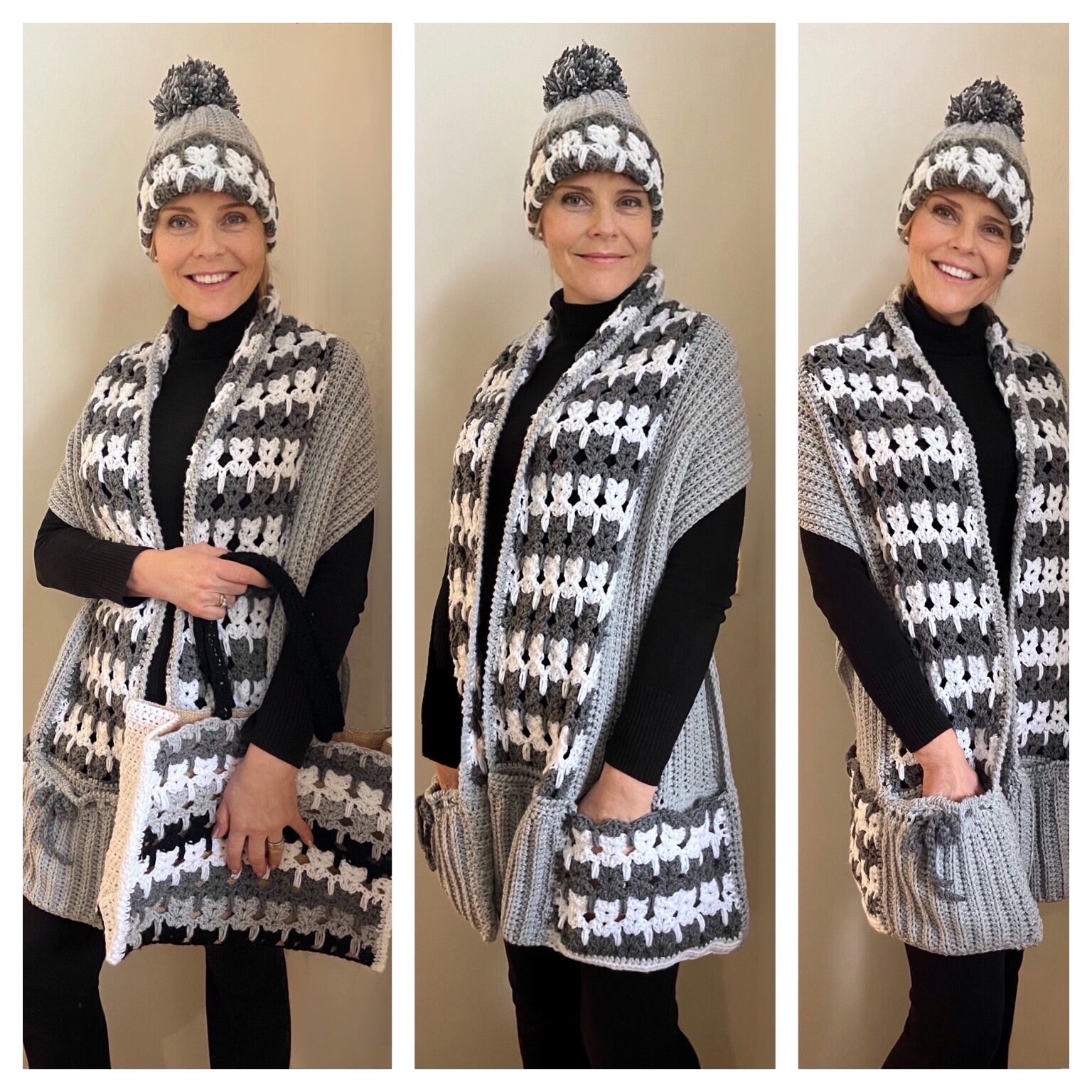 Cat's Galore, 3 piece set - Pocket shawl + Hat + Bag - Crochet Pattern - English US Terms - digital pdf