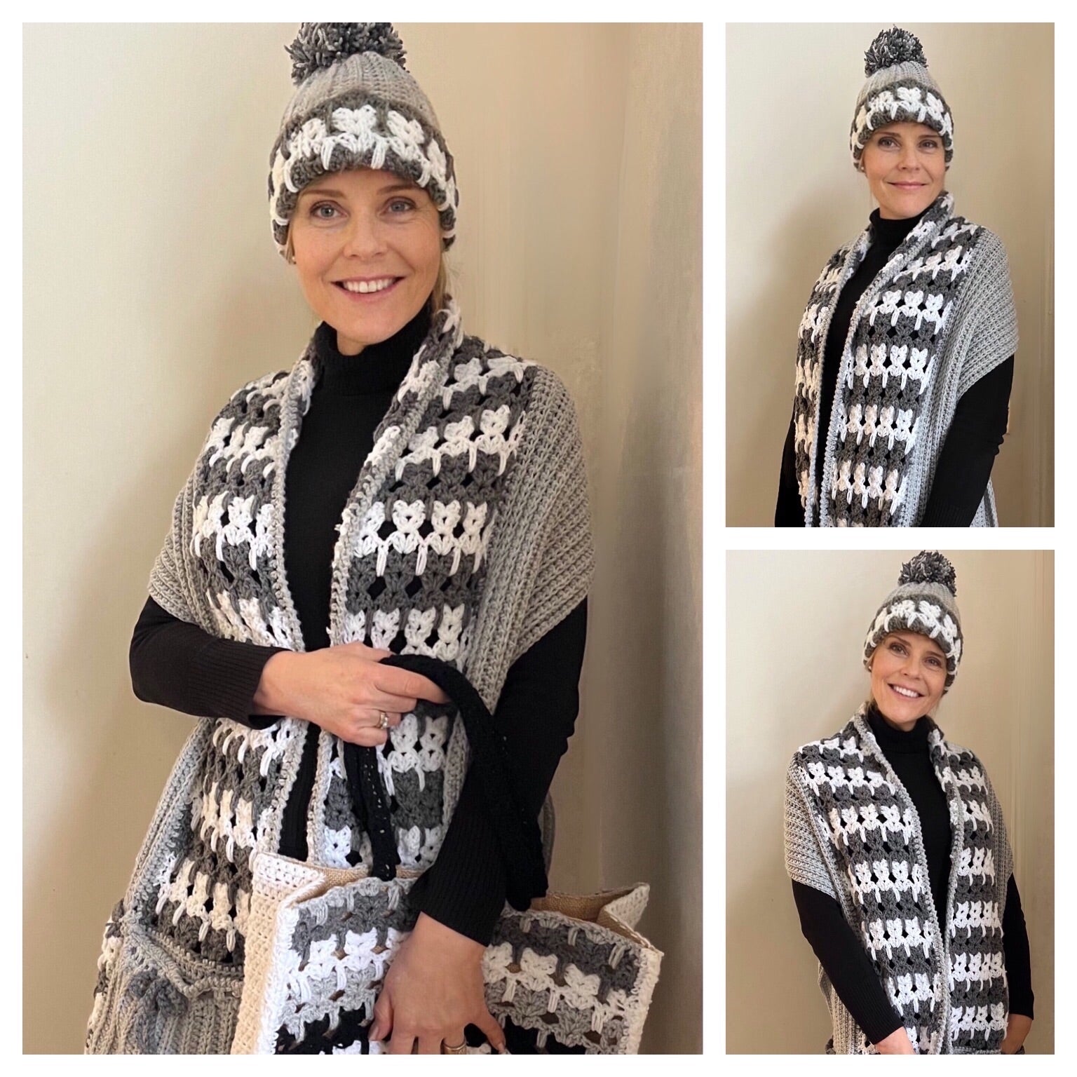 Cat's Galore, 3 piece set - Pocket shawl + Hat + Bag - Crochet Pattern - English US Terms - digital pdf