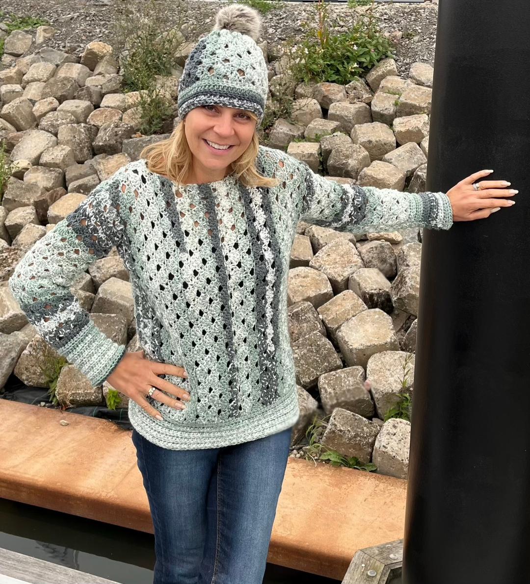 Sage Symphony Sweater (plus matching hat) - Crochet PATTERN - English US Terms