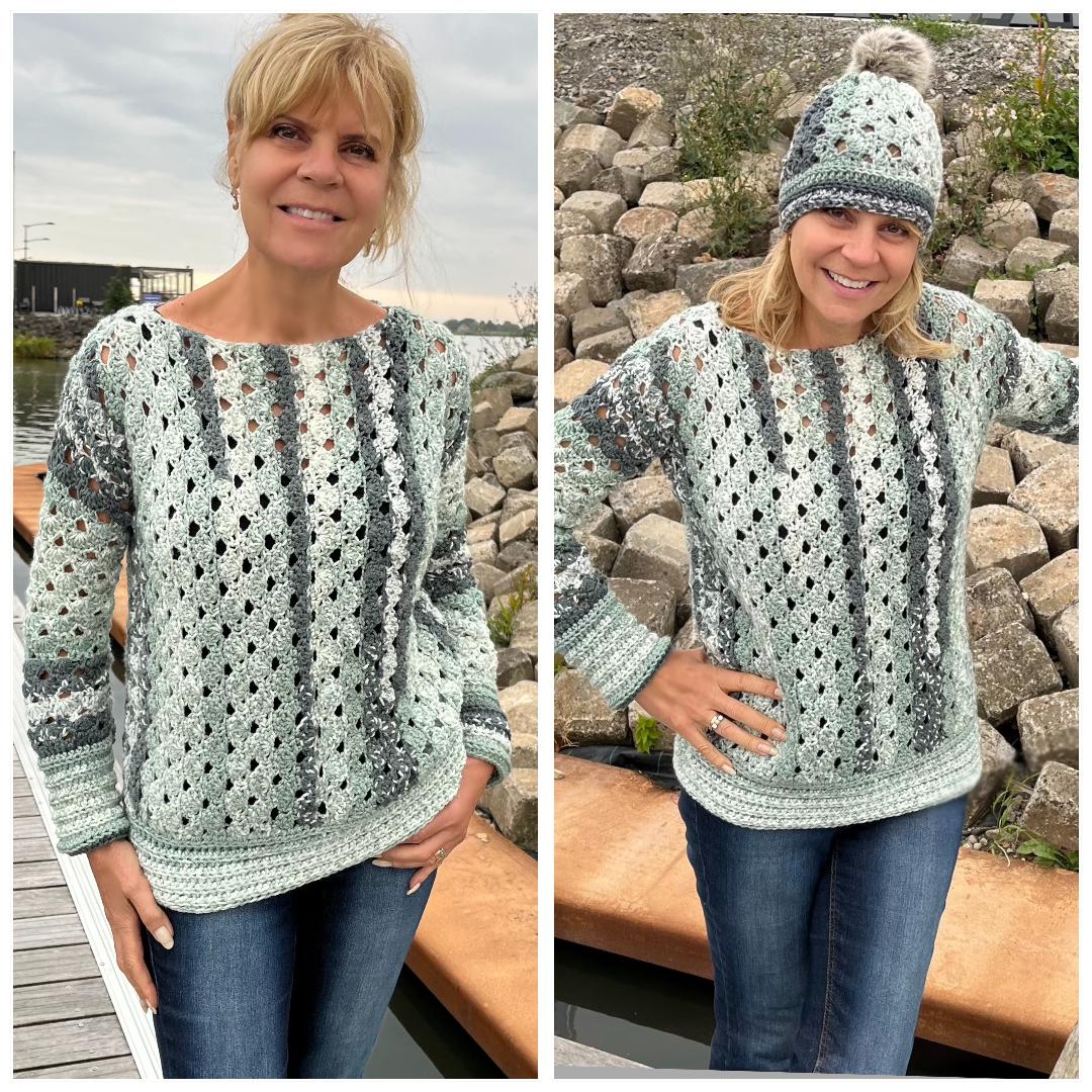 Sage Symphony Sweater (plus matching hat) - Crochet PATTERN - English US Terms
