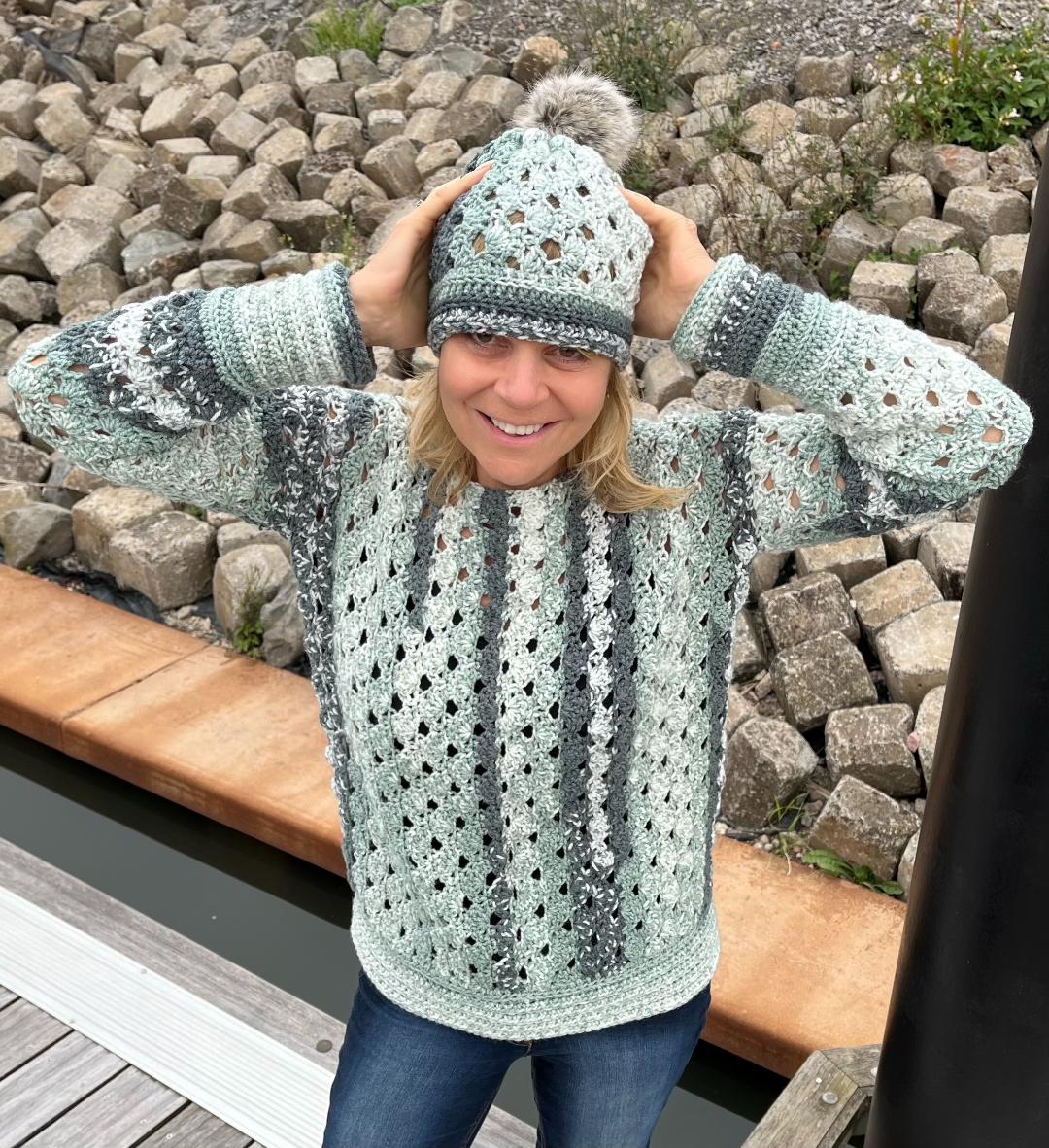 Sage Symphony Sweater (plus matching hat) - Crochet PATTERN - English US Terms
